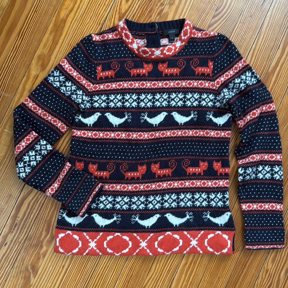 J. Crew navy blue and orange sweater with bird and cat winter pattern, small.
